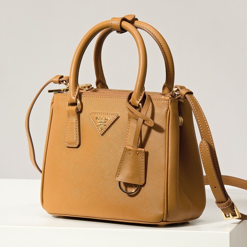 Prada 프라다 미니 갤러리아 토트백 사피아노 레더 카멜 브라운 골드 20cm