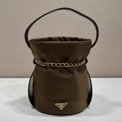 Prada 프라다 1BE088 나일론 버킷백 골드 체인 브라운 14cm