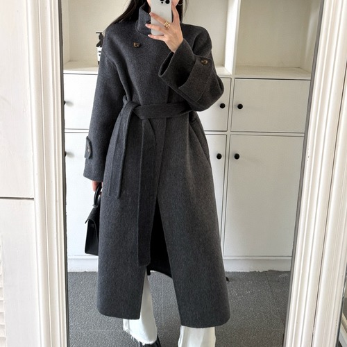 Loro Piana 로로피아나 울 핸드메이드 하이넥 더블 버튼 롱 코트