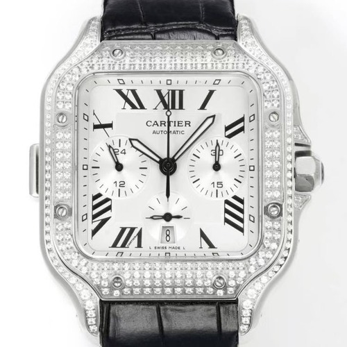 CARTIER Santos Chronograph Diamond Bezel 까르띠에 산토스 크로노그래프 다이아 베젤 오토매틱 시계 실버베젤