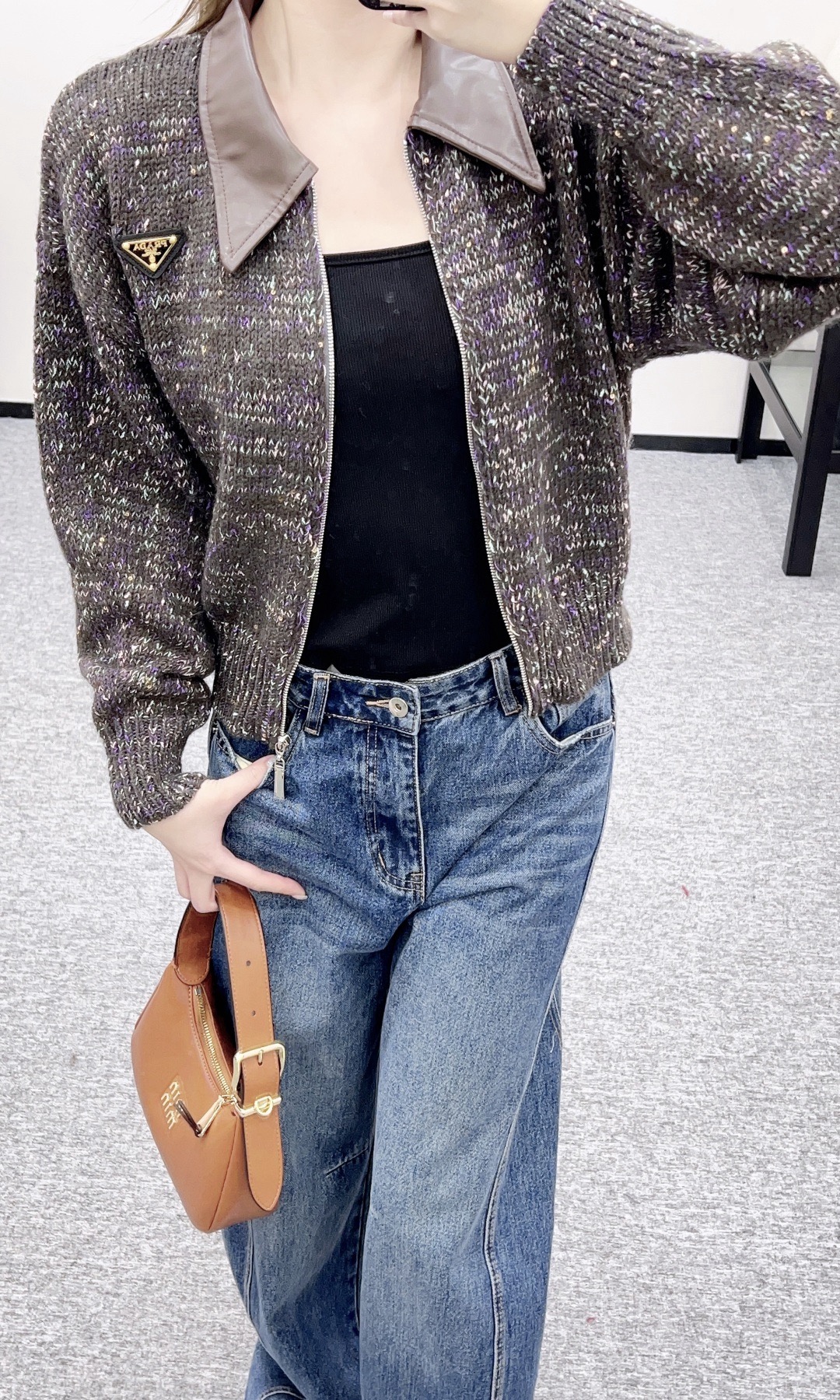 Prada 프라다 가죽 카라 니트 집업 5