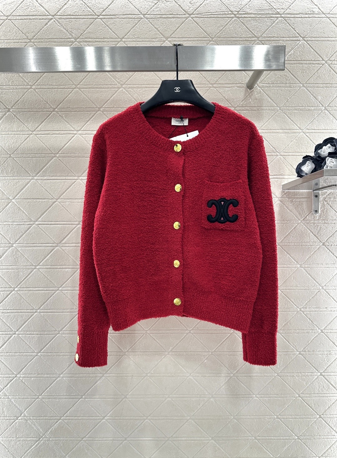 Celine 셀린느 레드 골드버튼 로고 니트 가디건 8