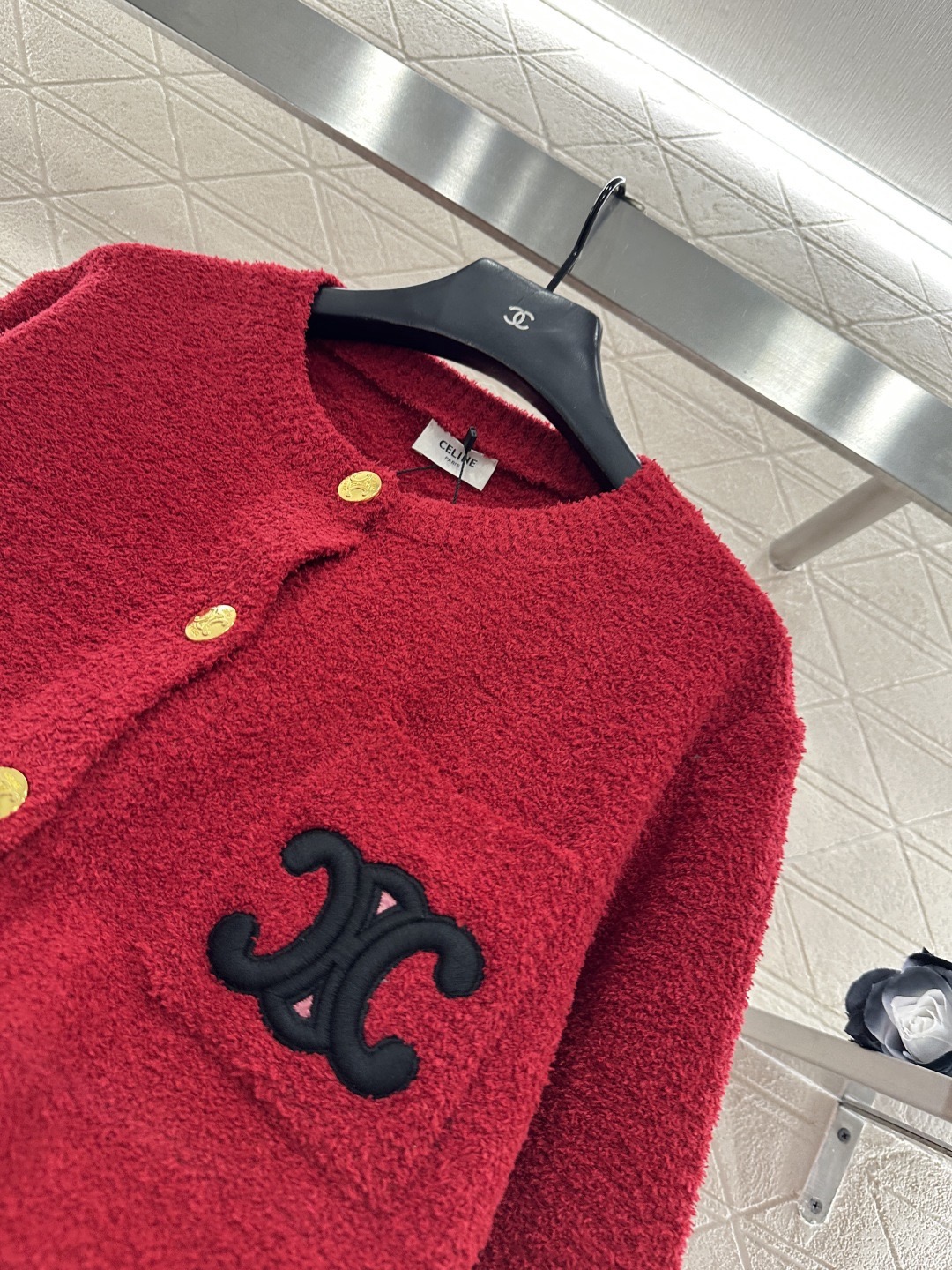 Celine 셀린느 레드 골드버튼 로고 니트 가디건 14