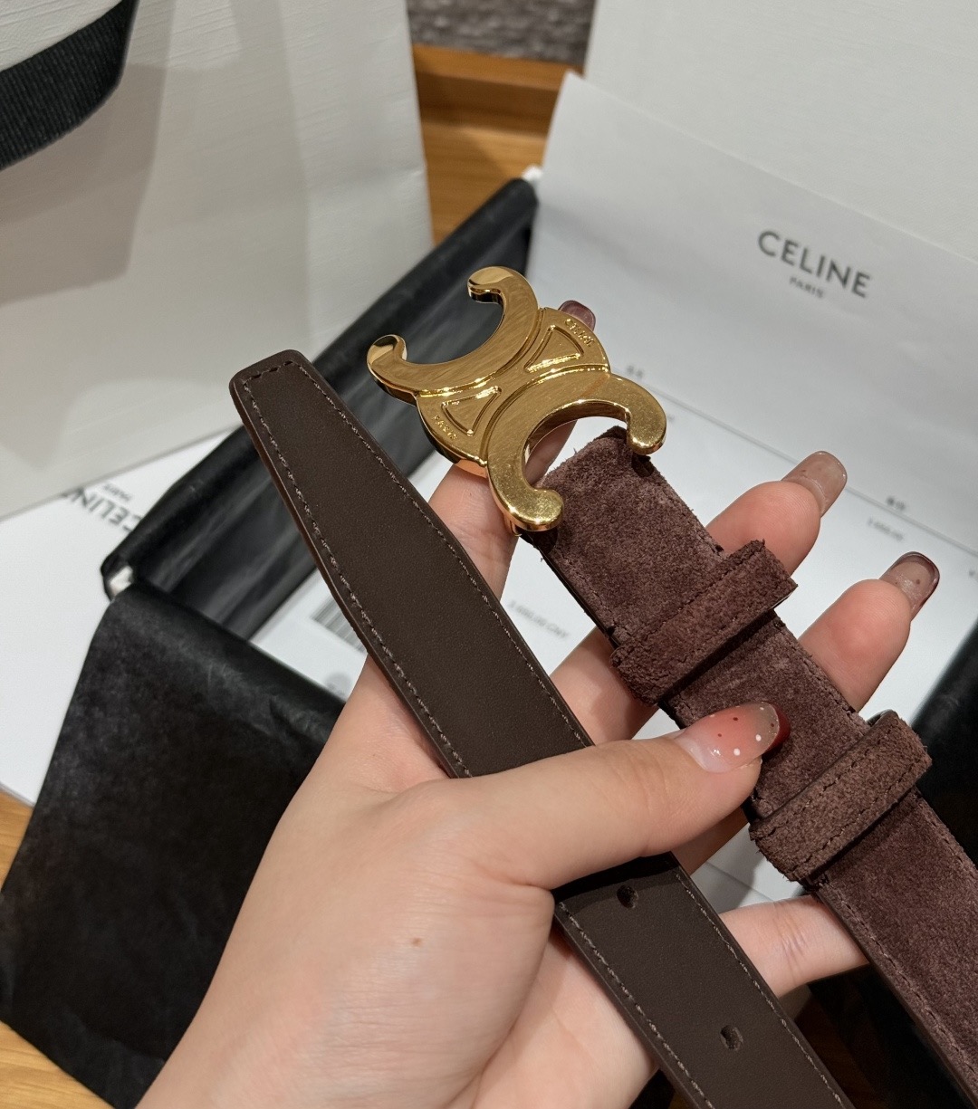 CELINE 셀린느 트리옴프 중간 사이즈 스웨이드 가죽 벨트 9