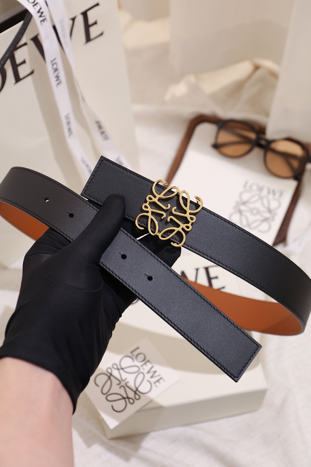 Loewe 로에베 아나그램 버클 양면 가죽 벨트 3.5cm 3