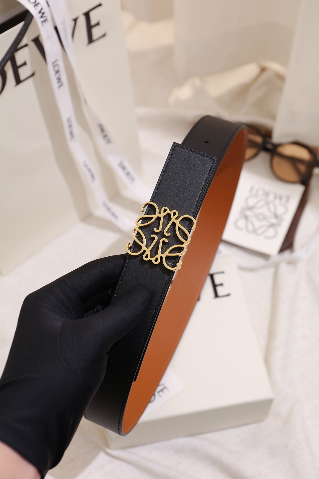 Loewe 로에베 아나그램 버클 양면 가죽 벨트 3.5cm 7