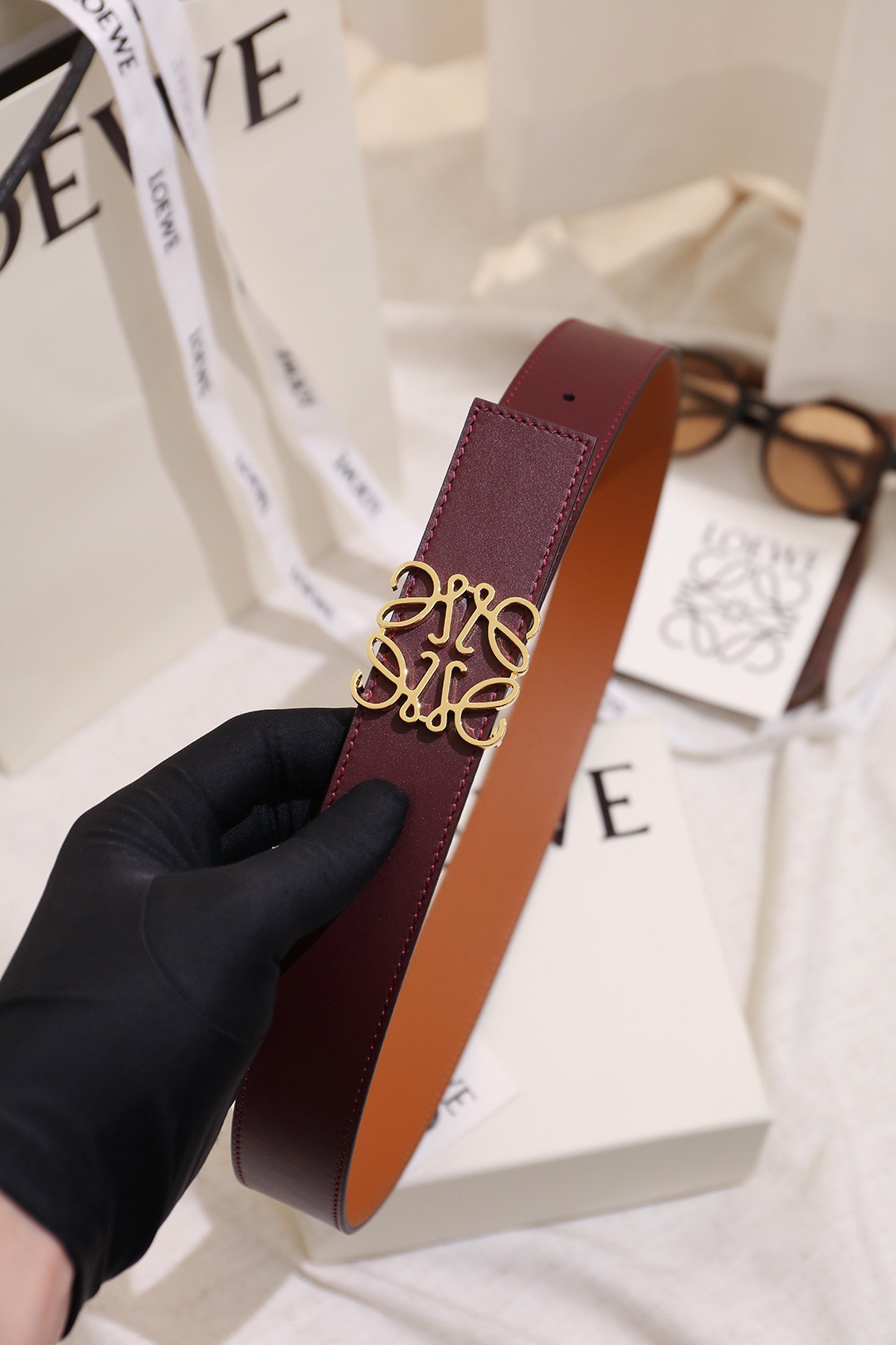 Loewe 로에베 아나그램 버클 양면 가죽 벨트 3.5cm 7