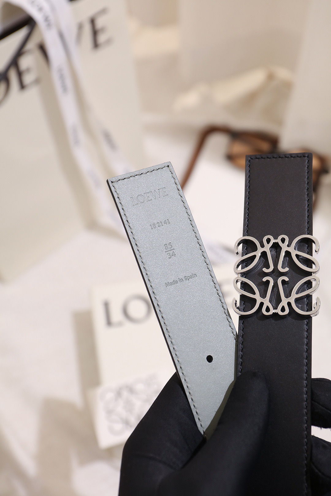 Loewe 로에베 아나그램 버클 양면 가죽 벨트 3.5cm 4