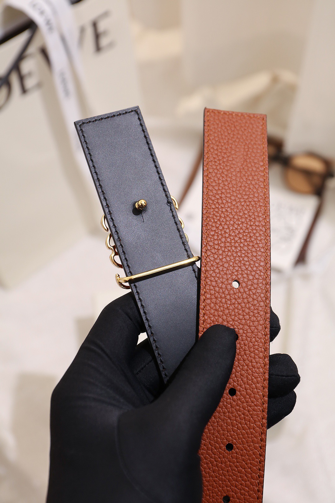 Loewe 로에베 아나그램 버클 양면 가죽 벨트 3.5cm 5