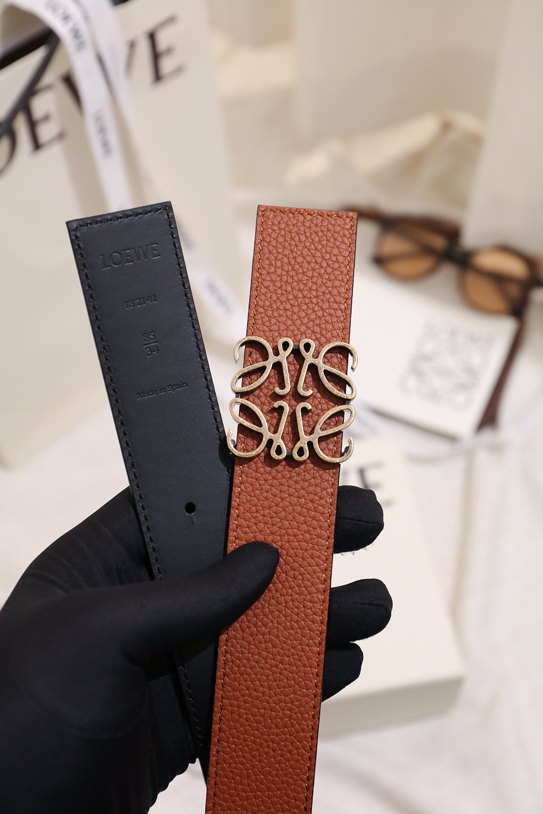 Loewe 로에베 아나그램 버클 양면 가죽 벨트 3.5cm 3