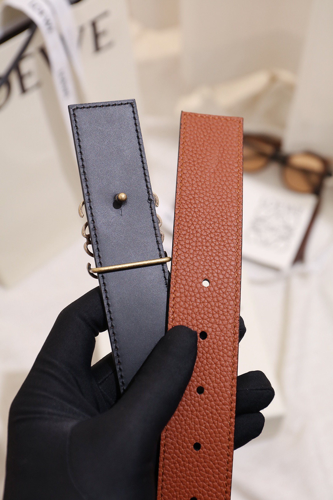 Loewe 로에베 아나그램 버클 양면 가죽 벨트 3.5cm 5