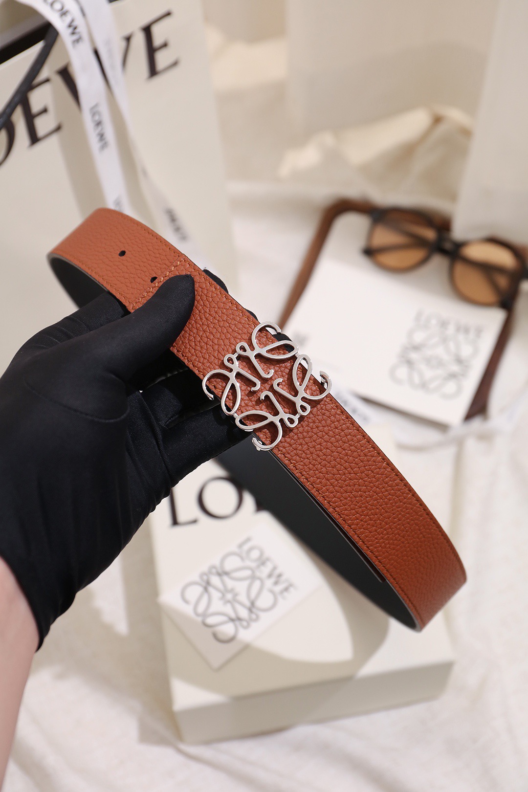 Loewe 로에베 아나그램 버클 양면 가죽 벨트 3.5cm 7