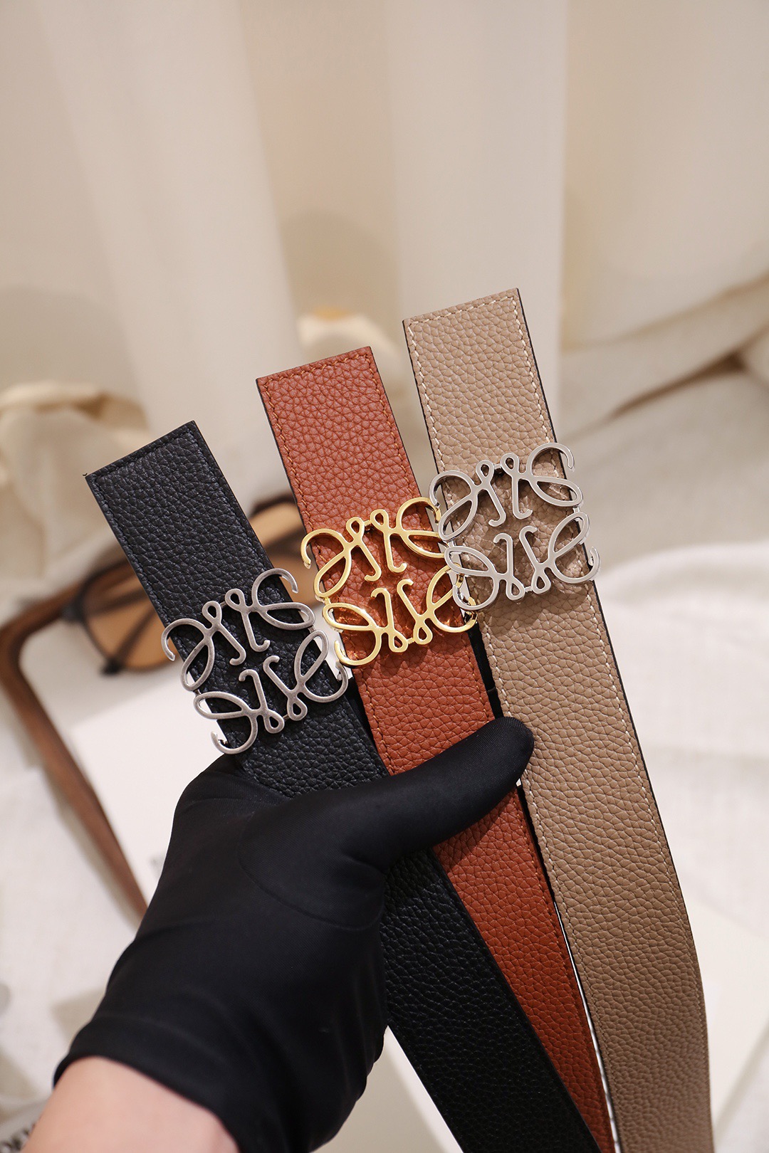 Loewe 로에베 아나그램 버클 양면 가죽 벨트 3.5cm 9