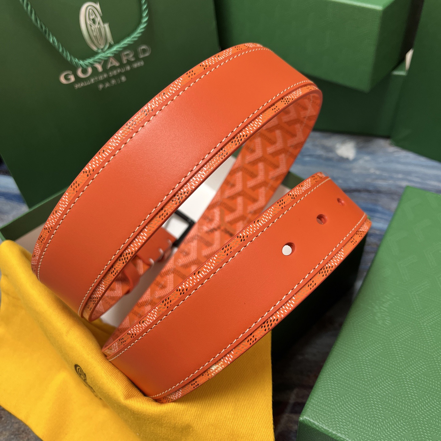 Goyard 고야드 오렌지 패턴 소가죽 벨트 3
