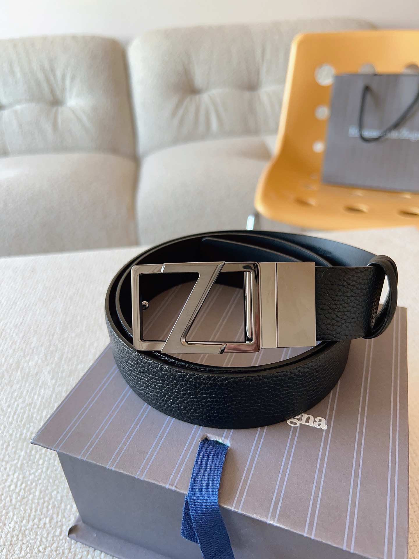 Zegna 제냐 로고 버클 블랙 가죽 벨트 7