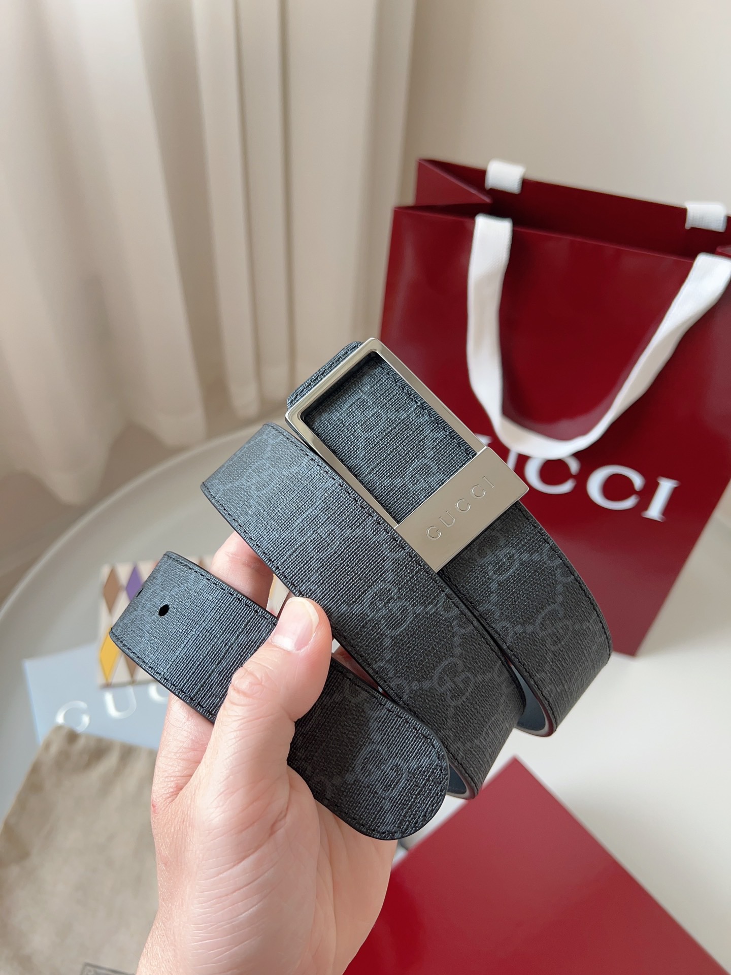 Gucci 구찌 GG 수프림 블랙 리버서블 가죽 벨트 5