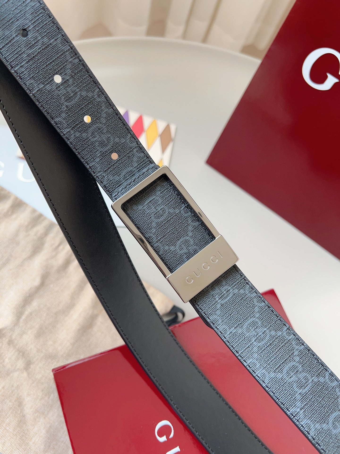 Gucci 구찌 GG 수프림 블랙 리버서블 가죽 벨트 7