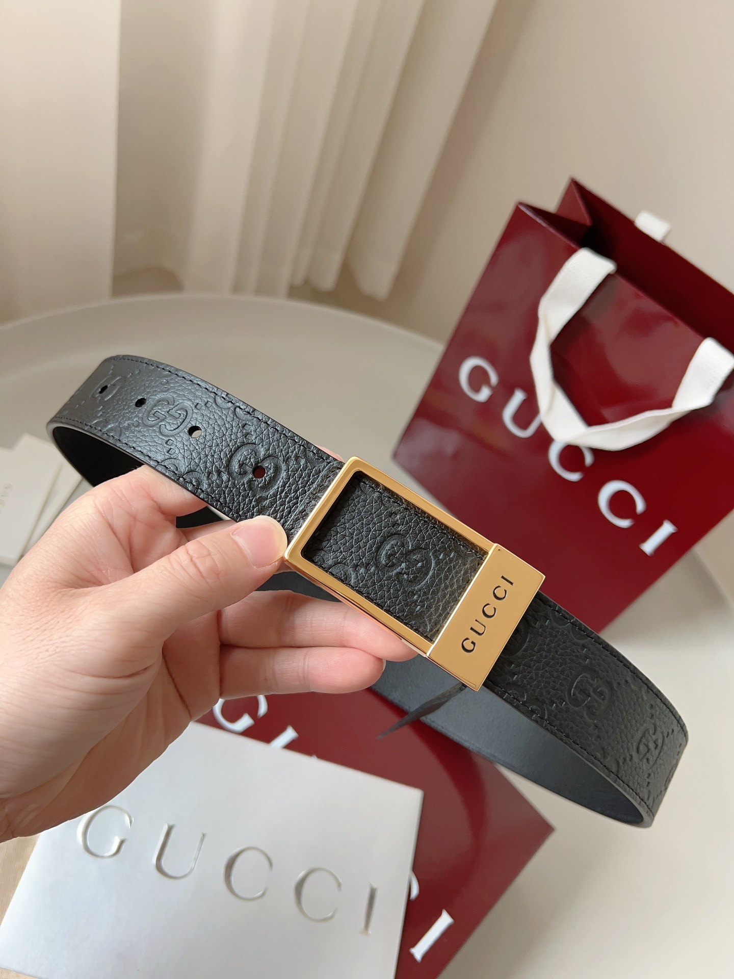 Gucci 구찌 GG 엠보 소가죽 남성 양면 벨트 6