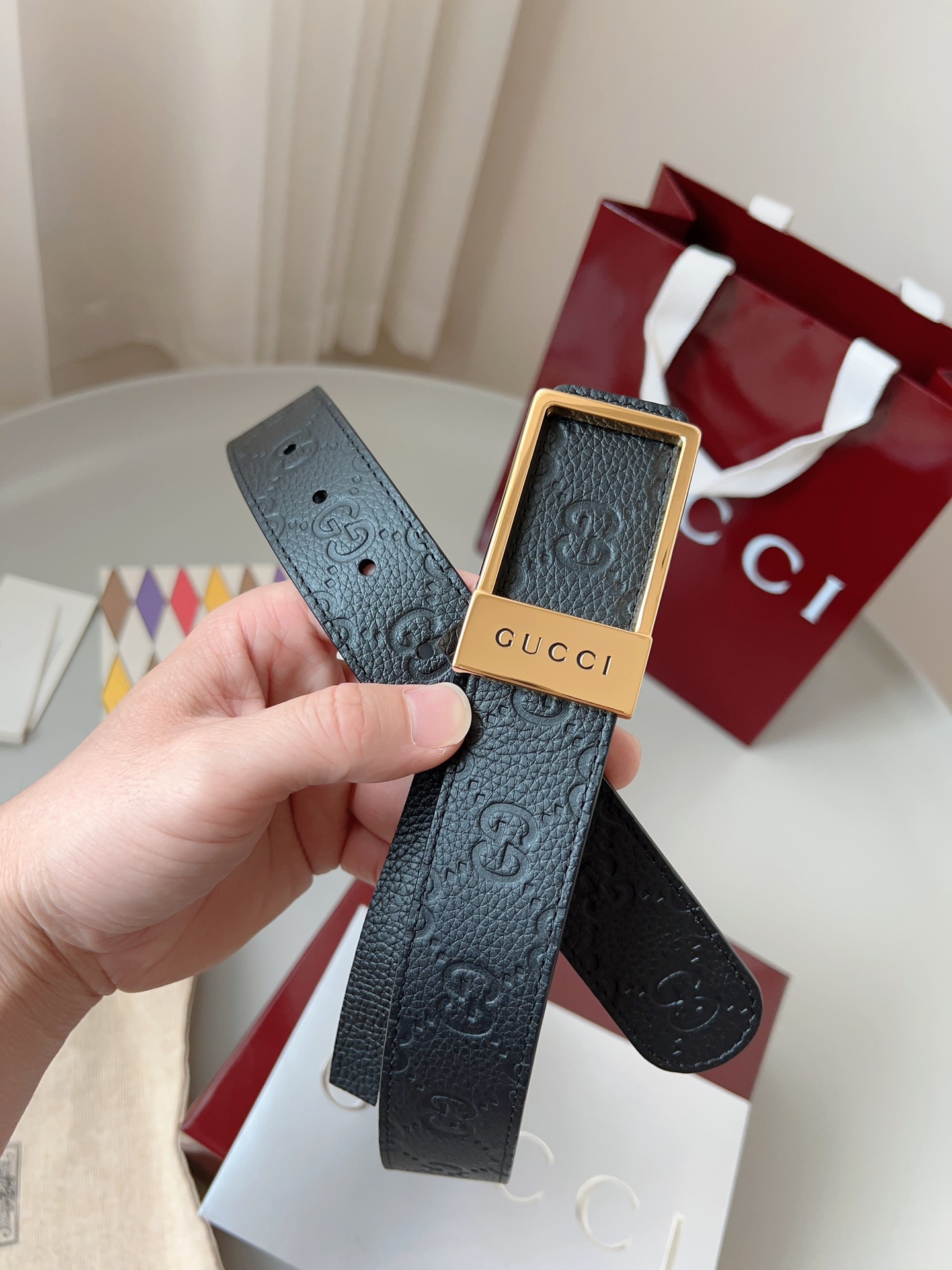 Gucci 구찌 GG 엠보 소가죽 남성 양면 벨트 8