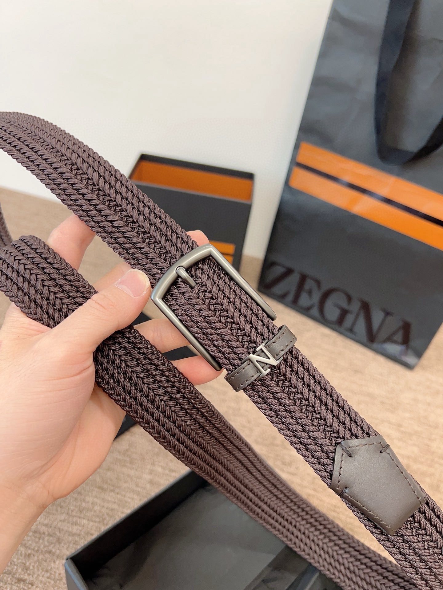 Zegna 제냐 짜임 엘라스틱 가죽 벨트 5
