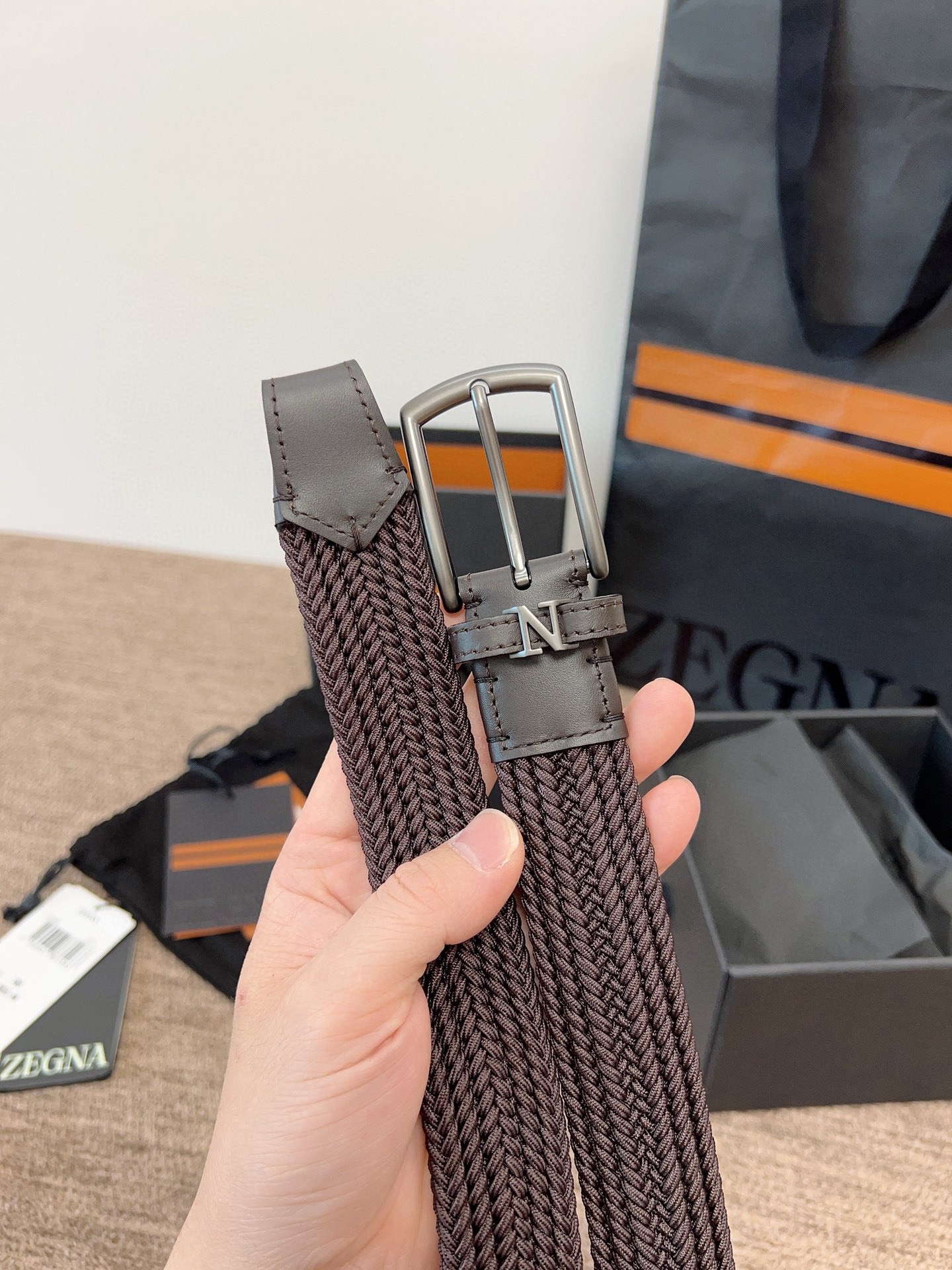 Zegna 제냐 짜임 엘라스틱 가죽 벨트 8