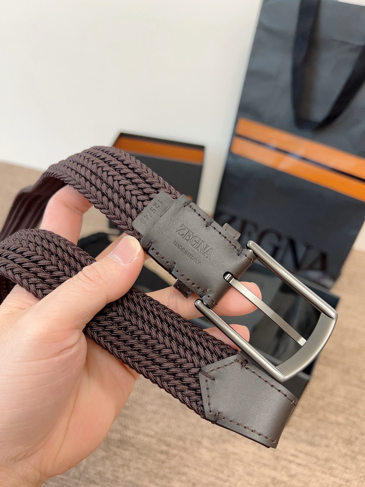 Zegna 제냐 짜임 엘라스틱 가죽 벨트 9