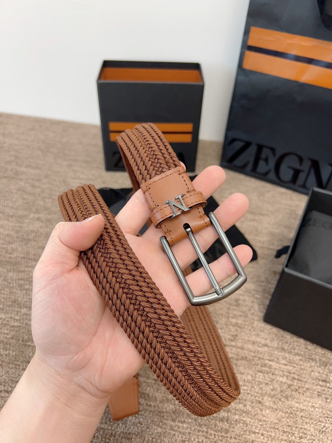 Zegna 제냐 짜임 엘라스틱 가죽 벨트 3