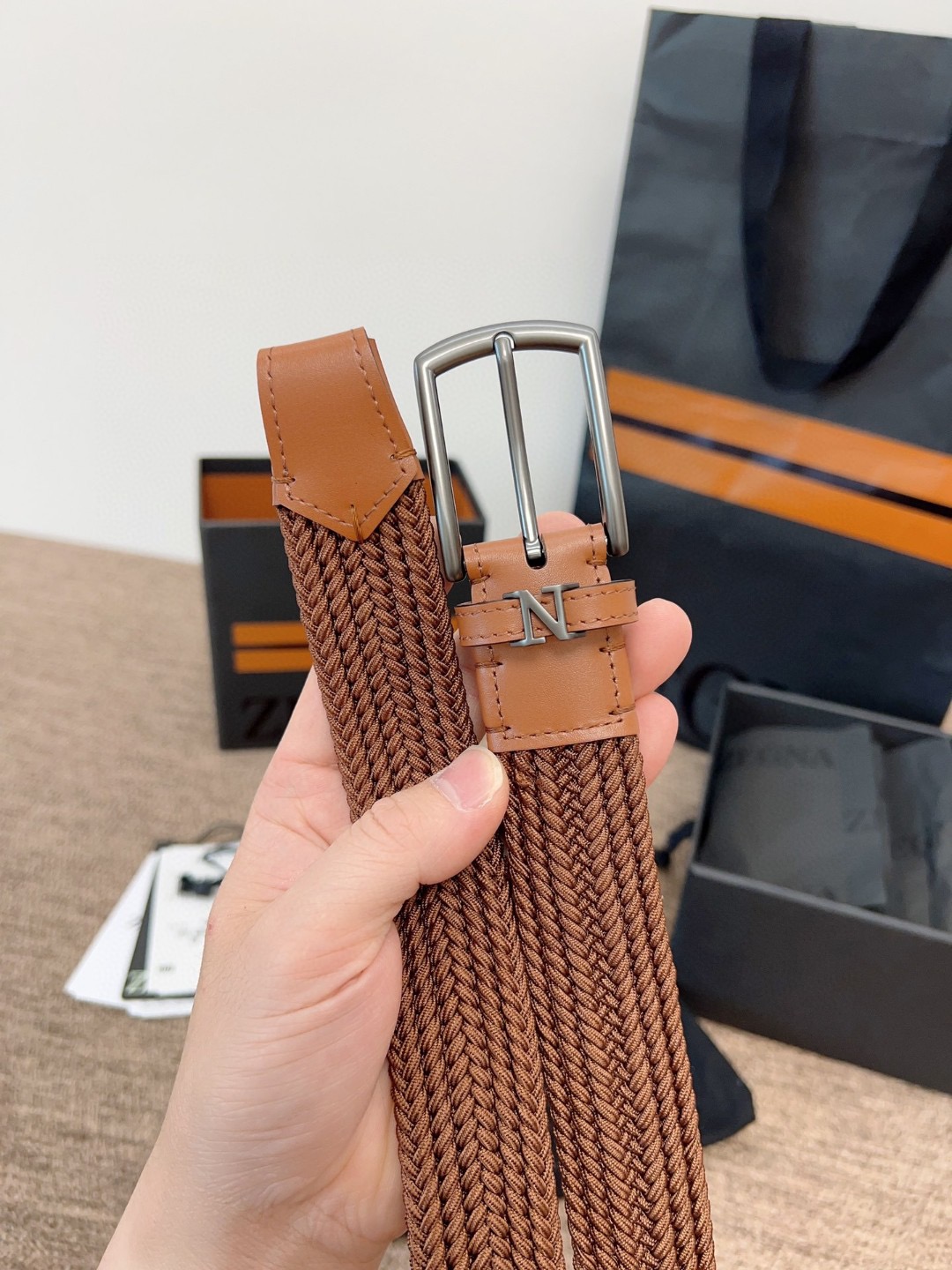 Zegna 제냐 짜임 엘라스틱 가죽 벨트 4