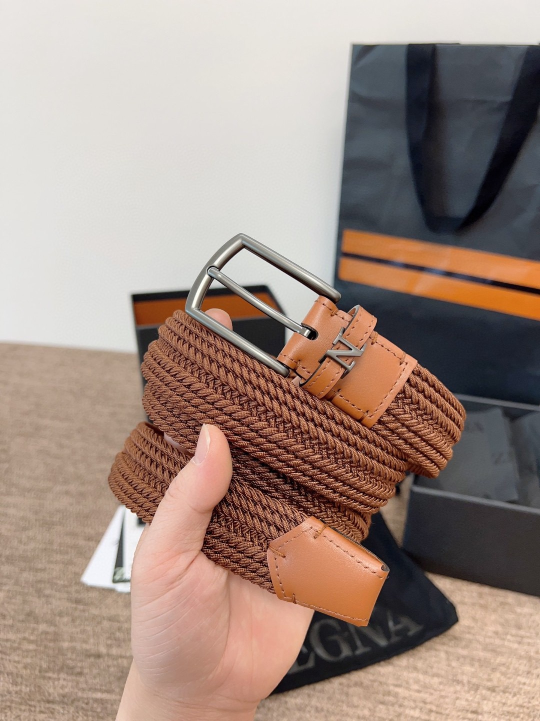 Zegna 제냐 짜임 엘라스틱 가죽 벨트 8