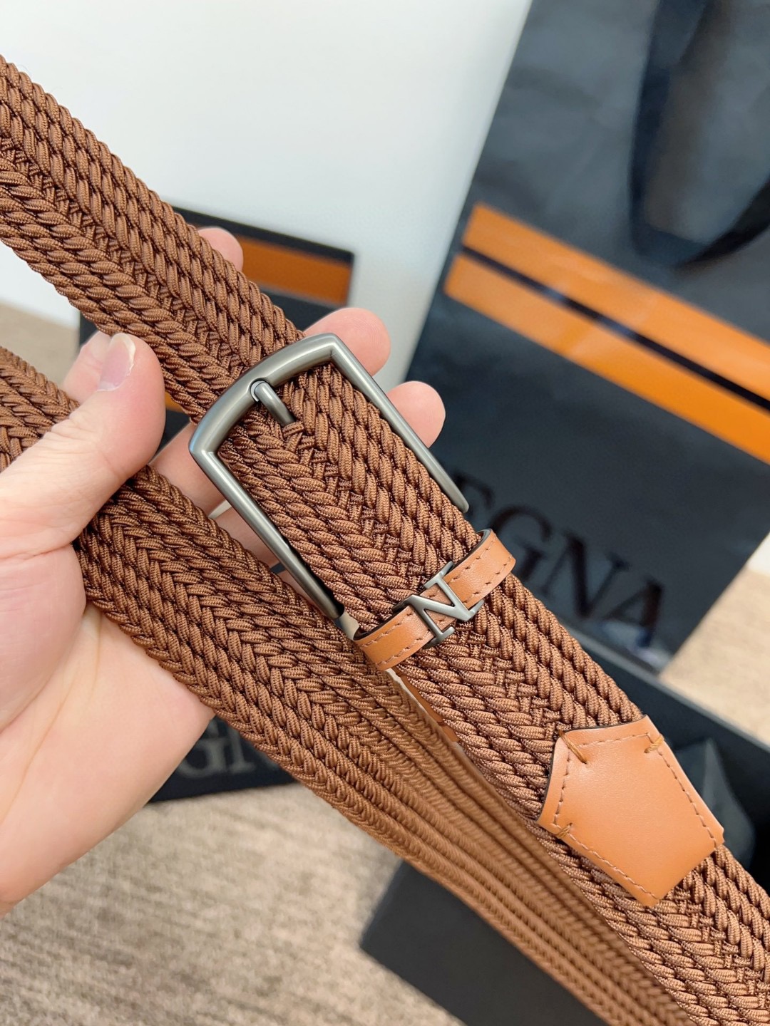 Zegna 제냐 짜임 엘라스틱 가죽 벨트 9