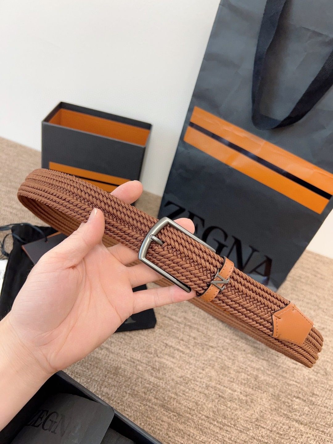 Zegna 제냐 짜임 엘라스틱 가죽 벨트 10