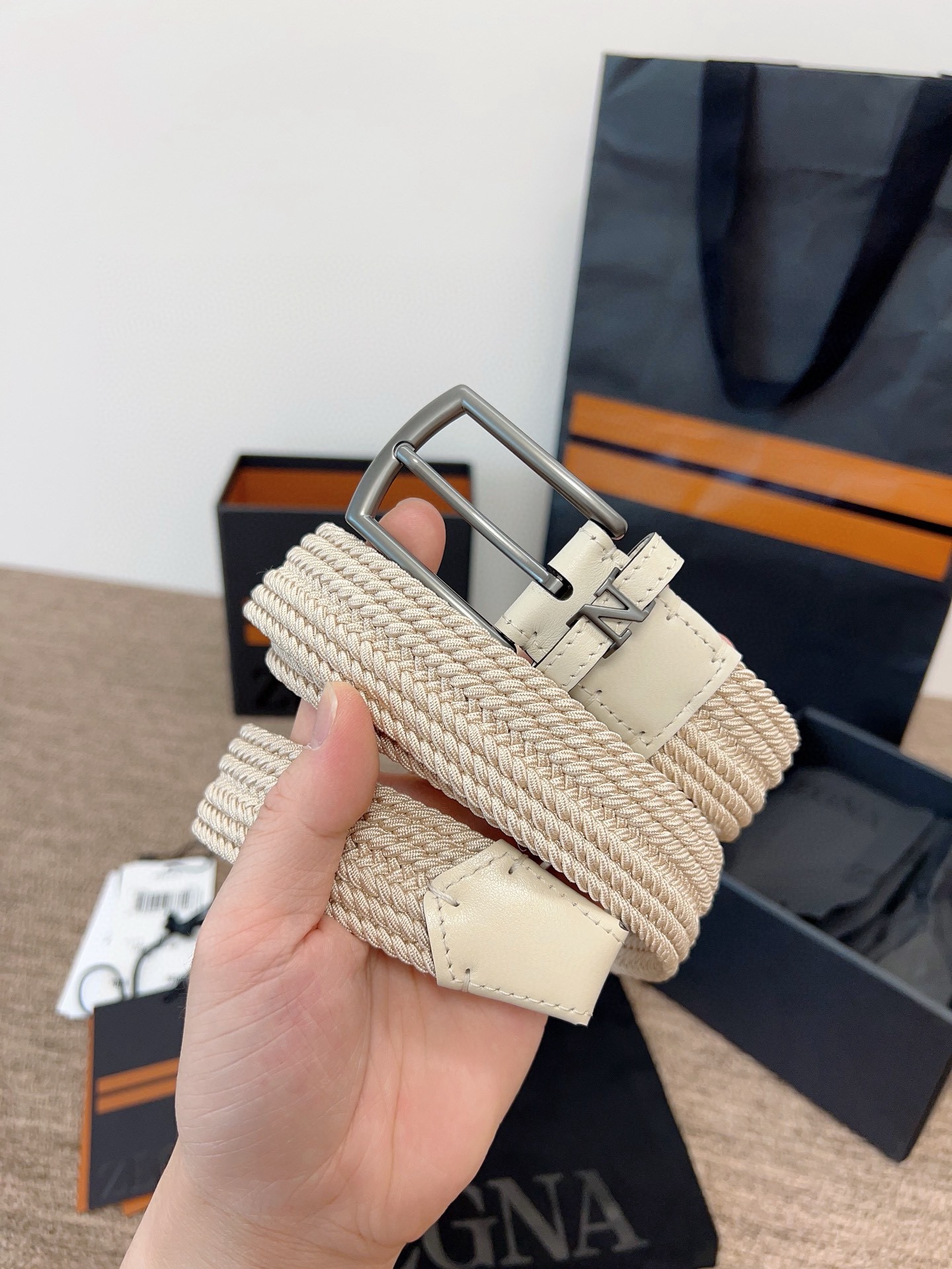 Zegna 제냐 짜임 엘라스틱 가죽 벨트 3