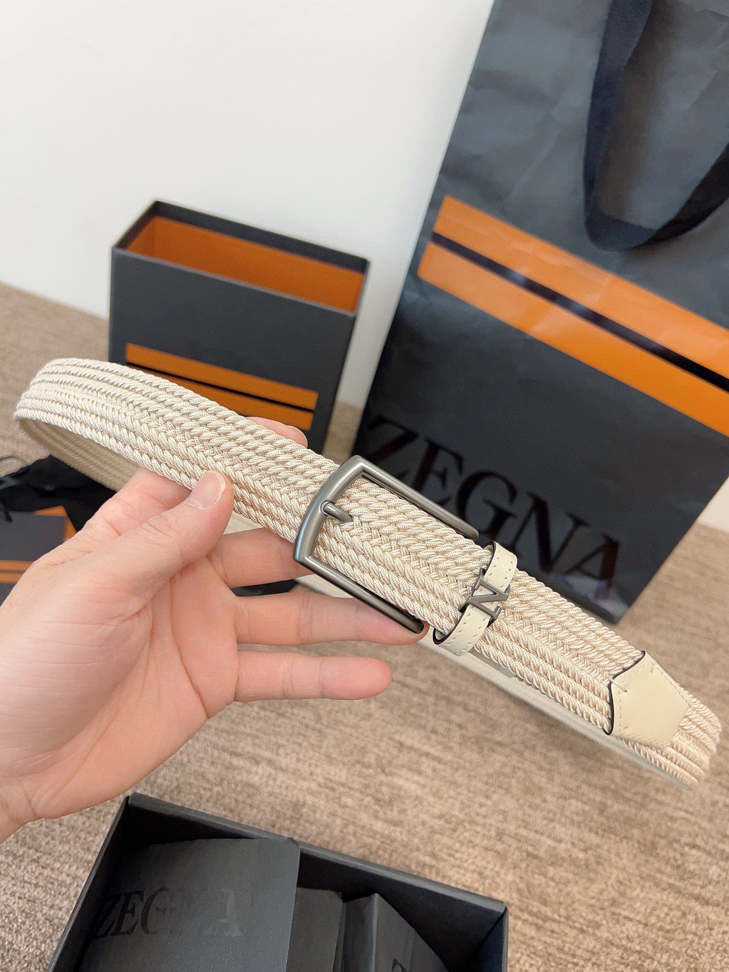 Zegna 제냐 짜임 엘라스틱 가죽 벨트 4