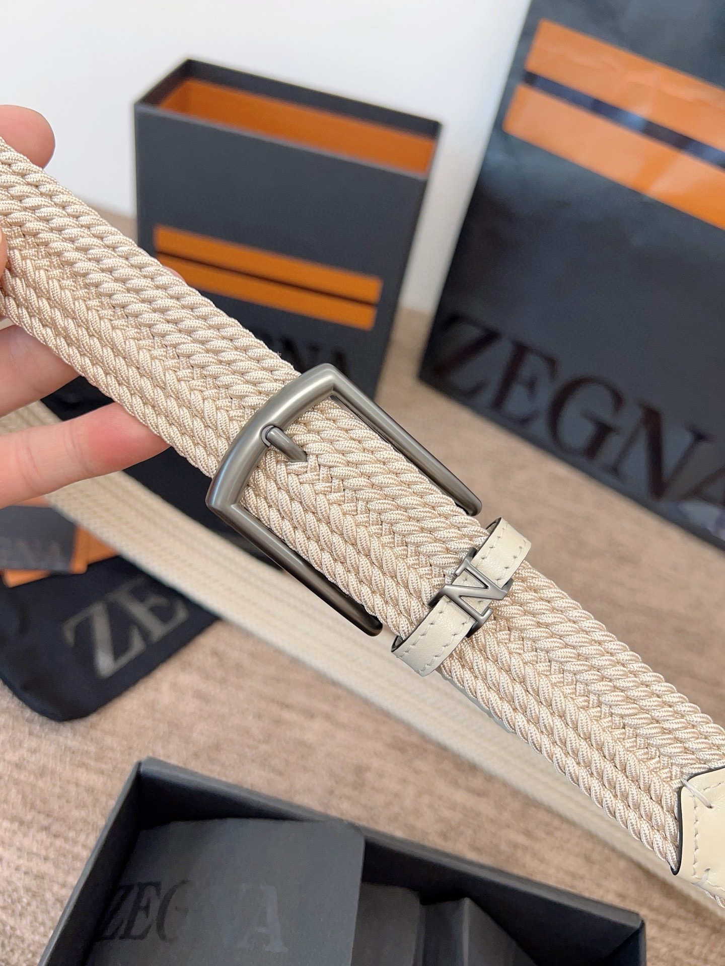 Zegna 제냐 짜임 엘라스틱 가죽 벨트 5