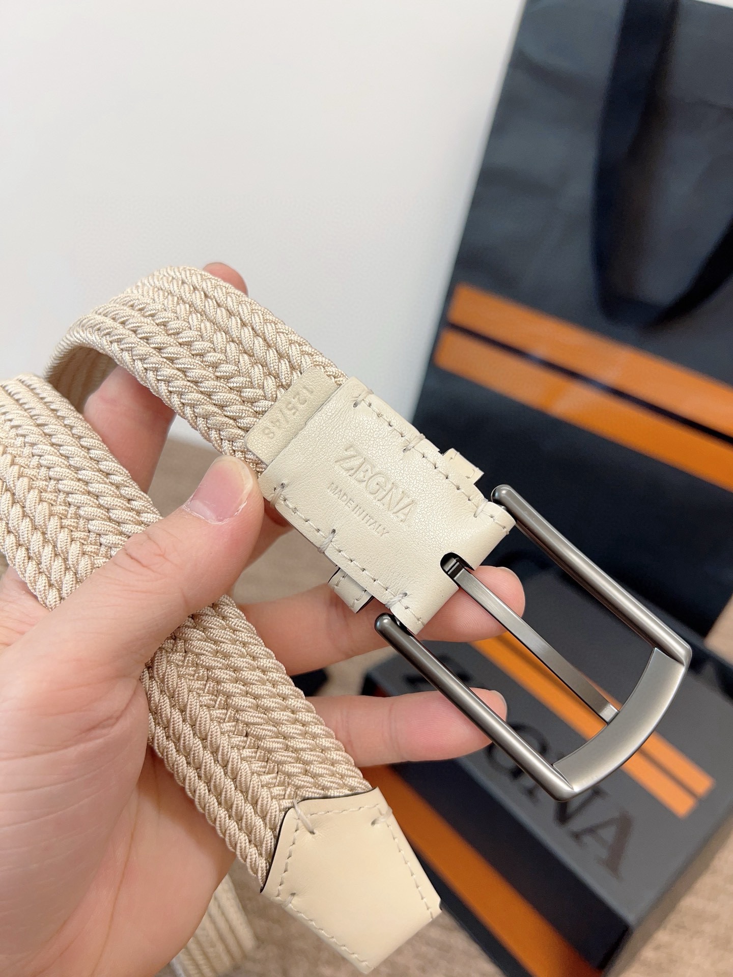 Zegna 제냐 짜임 엘라스틱 가죽 벨트 9