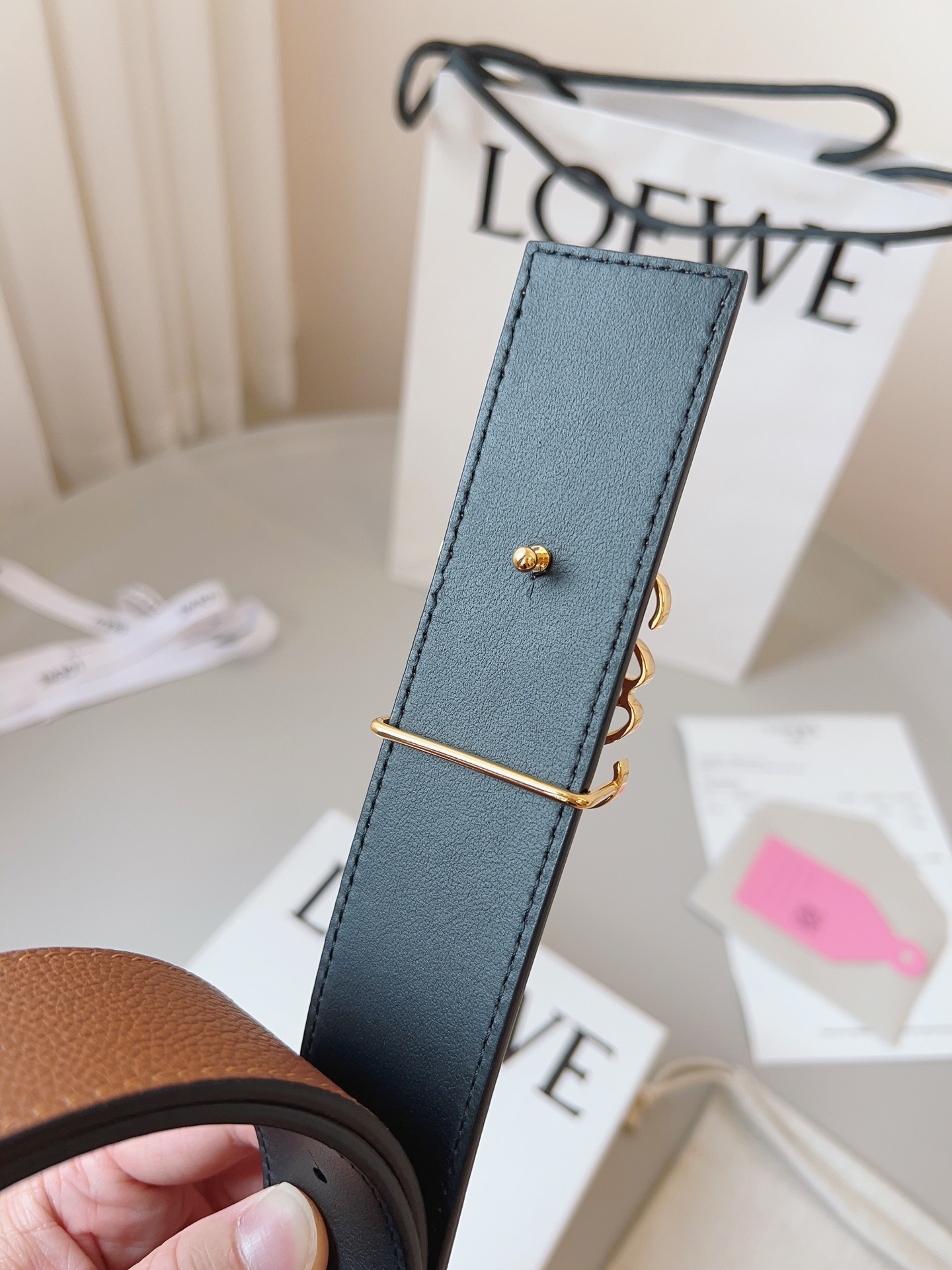 Loewe 로에베 양면 가죽 Anagram 버클 벨트 8