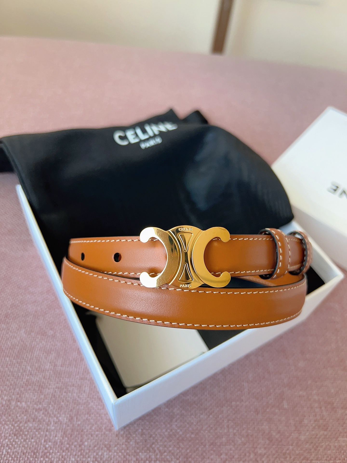 Celine 셀린느 트리오프 금장 버클 블랙 가죽 벨트 2