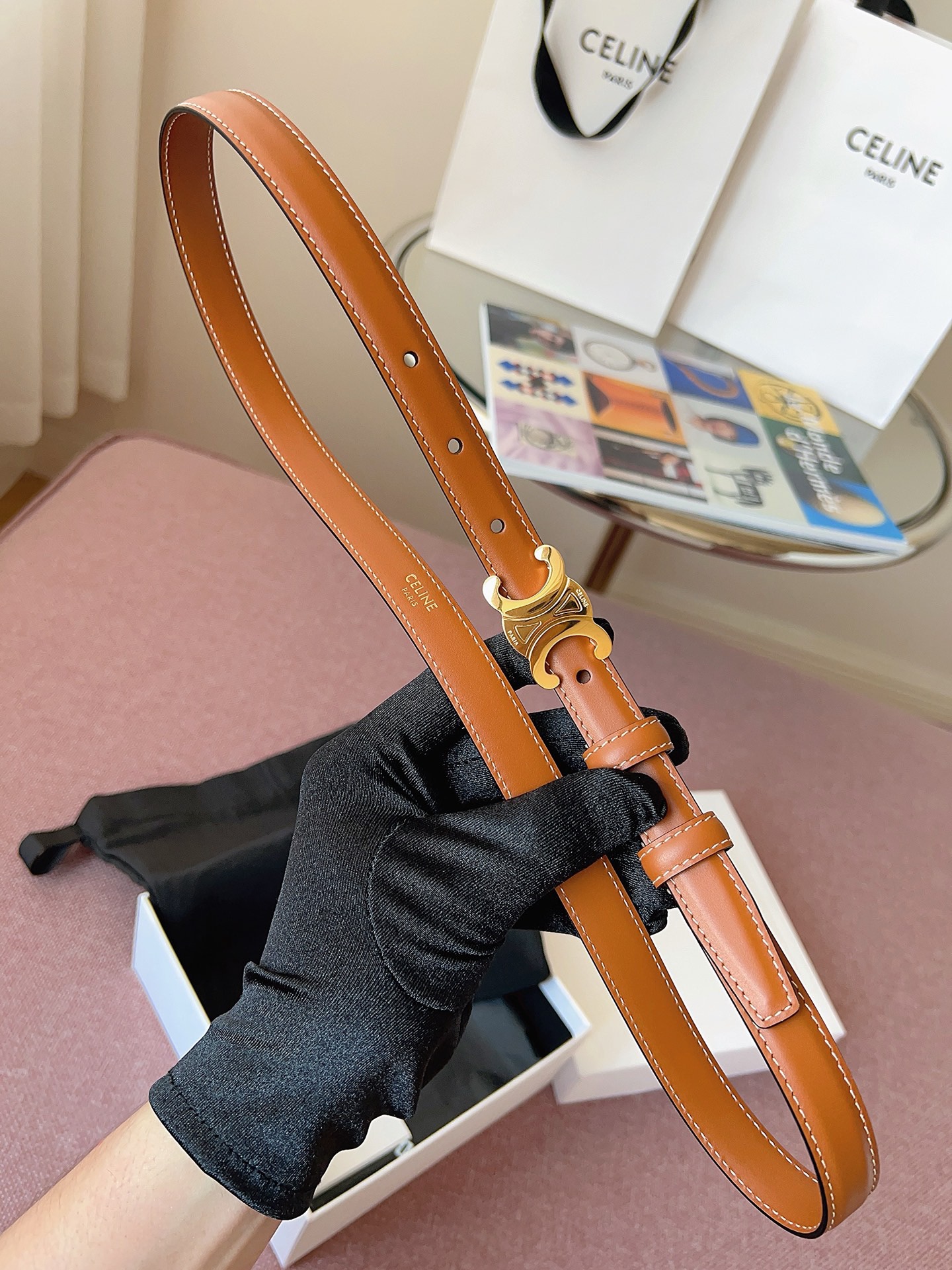 Celine 셀린느 트리오프 금장 버클 블랙 가죽 벨트 3