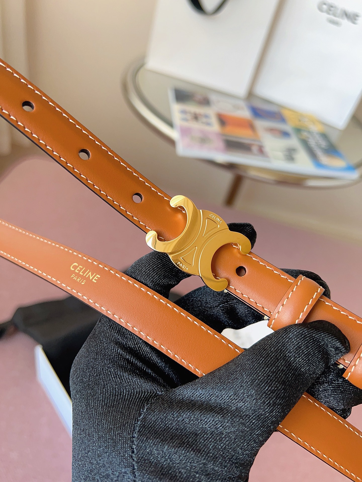 Celine 셀린느 트리오프 금장 버클 블랙 가죽 벨트 4