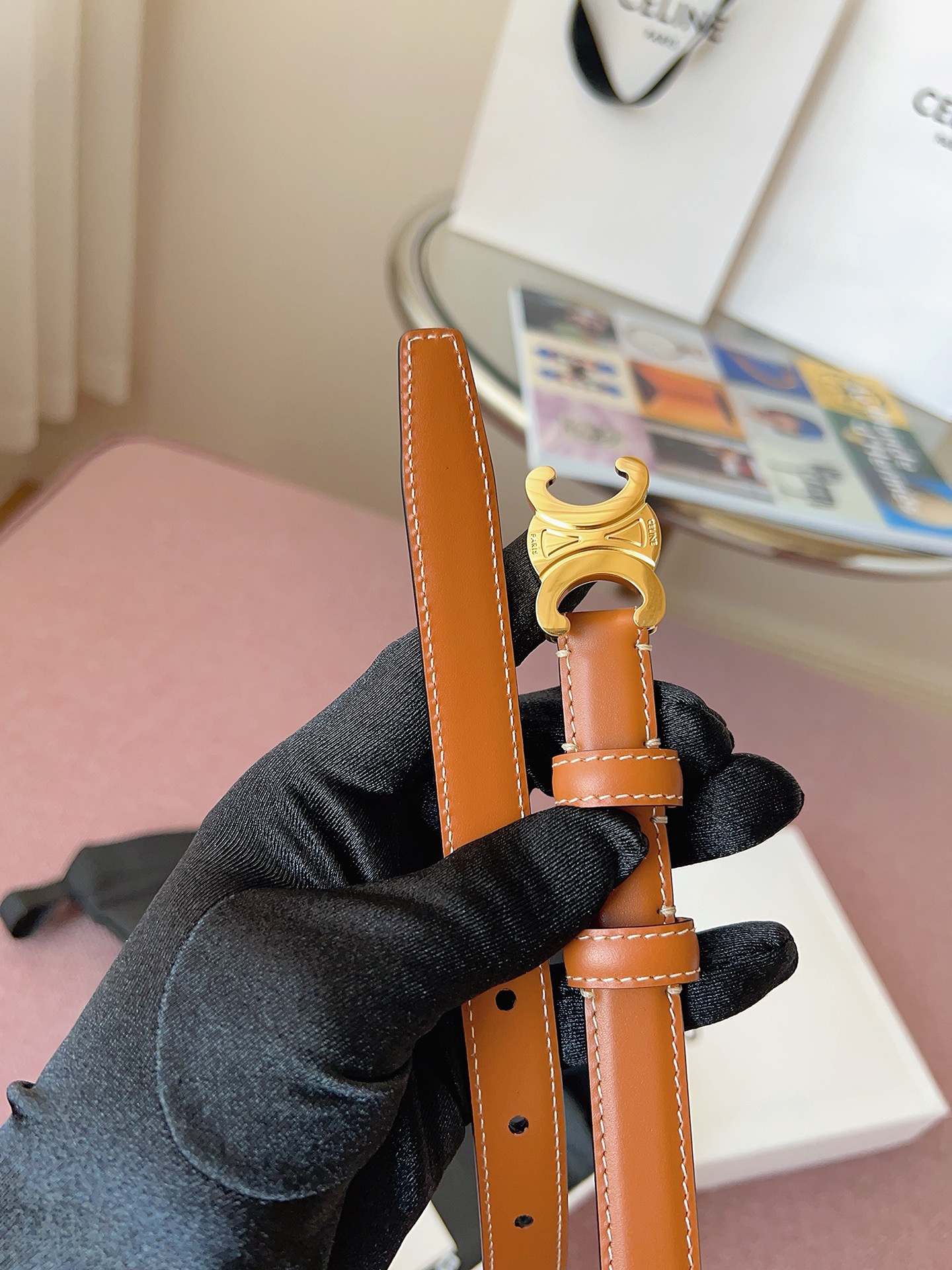 Celine 셀린느 트리오프 금장 버클 블랙 가죽 벨트 5