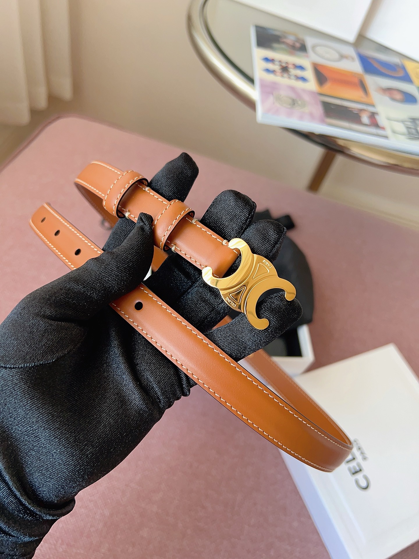 Celine 셀린느 트리오프 금장 버클 블랙 가죽 벨트 8