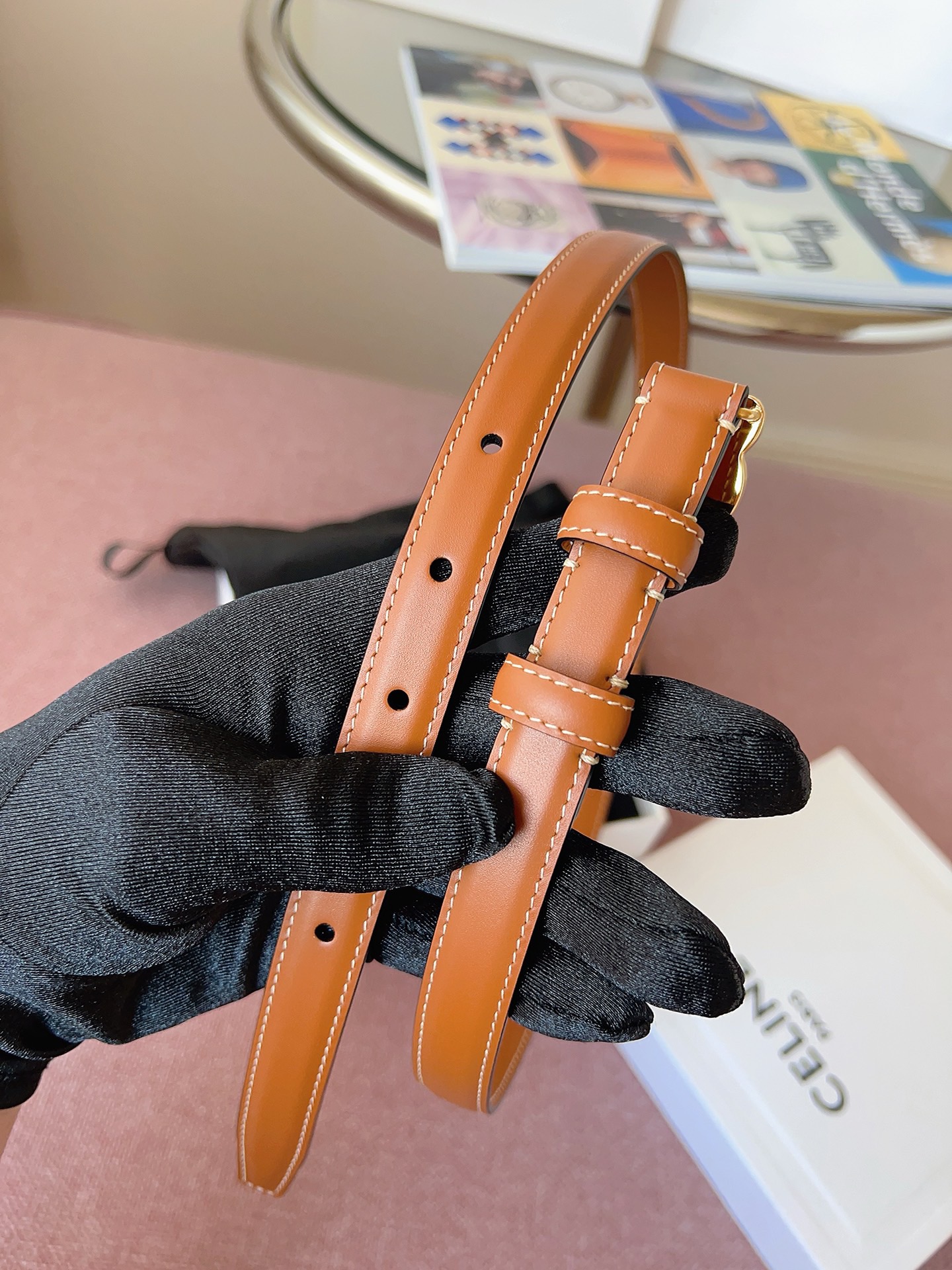 Celine 셀린느 트리오프 금장 버클 블랙 가죽 벨트 9