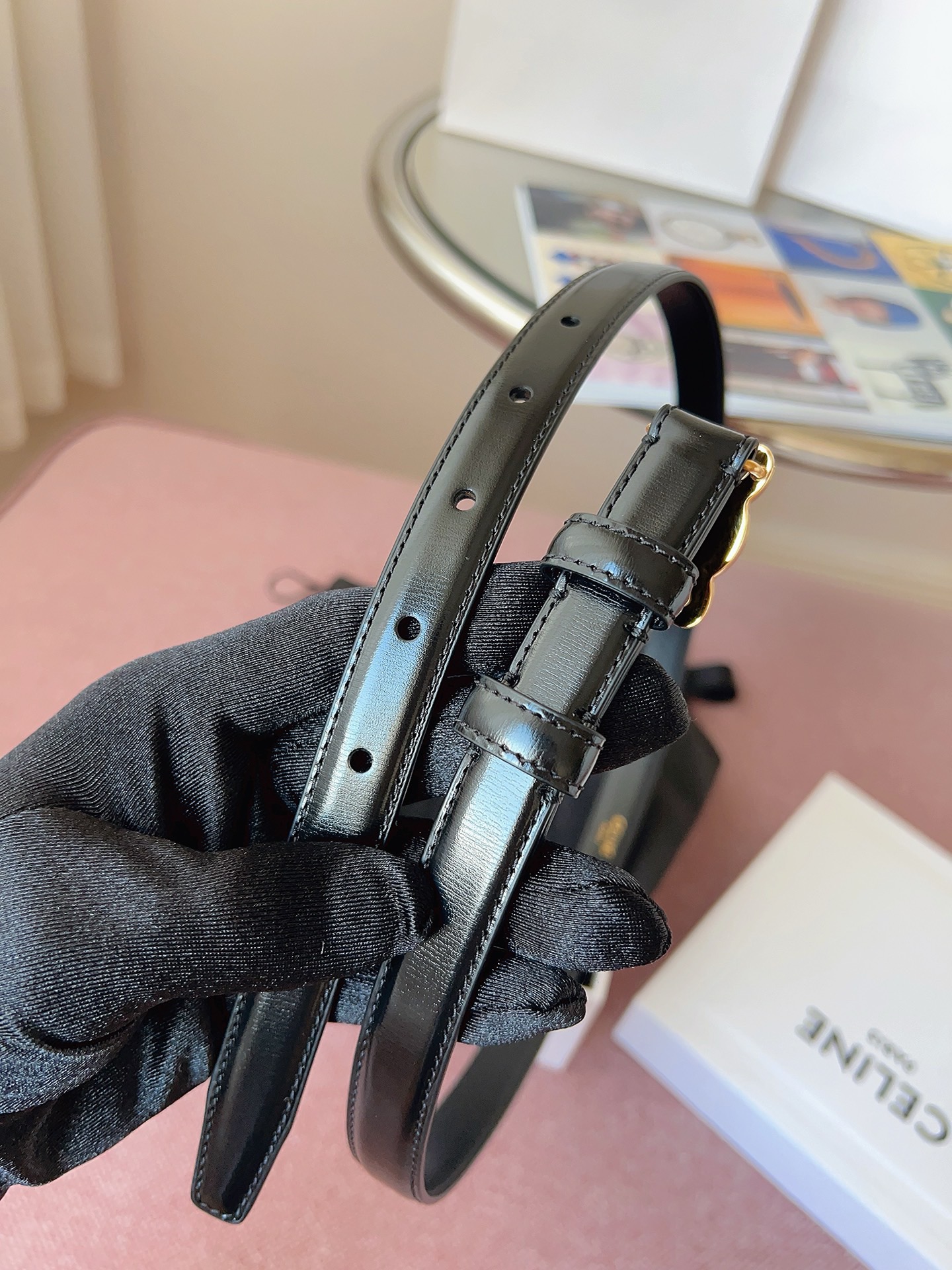 Celine 셀린느 트리오프 금장 버클 블랙 가죽 벨트 8