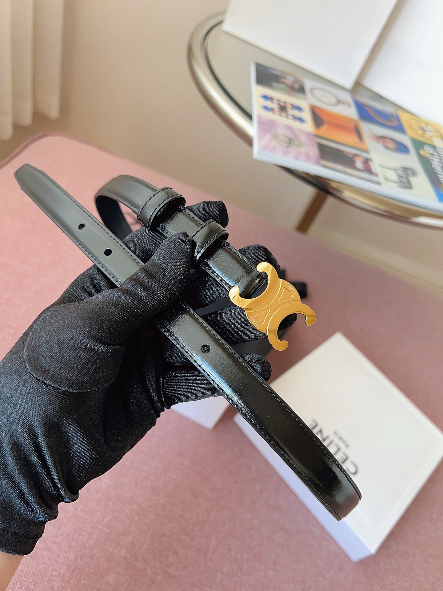 Celine 셀린느 트리오프 금장 버클 블랙 가죽 벨트 9