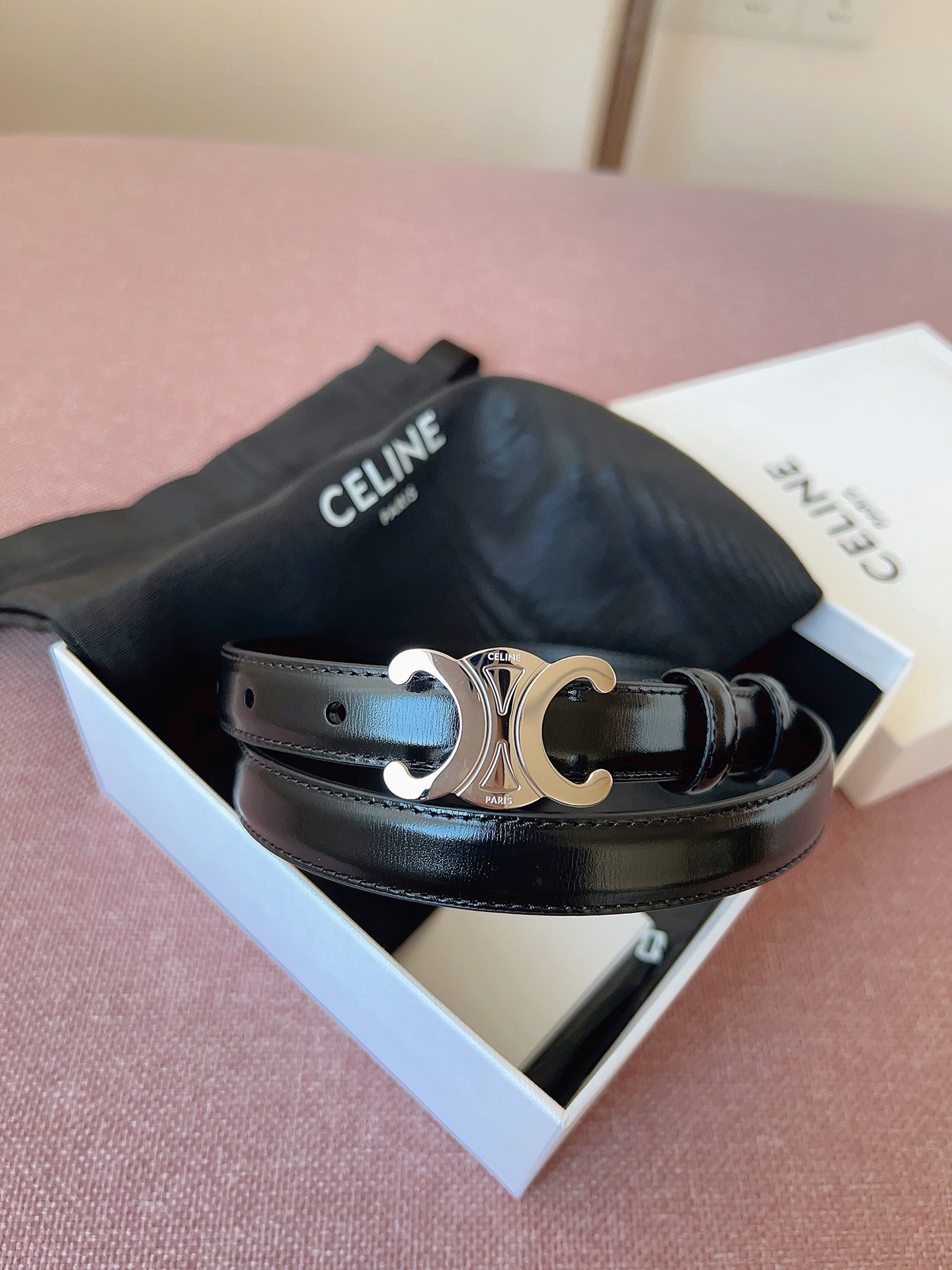 Celine 셀린느 트리오프 금장 버클 블랙 가죽 벨트 2