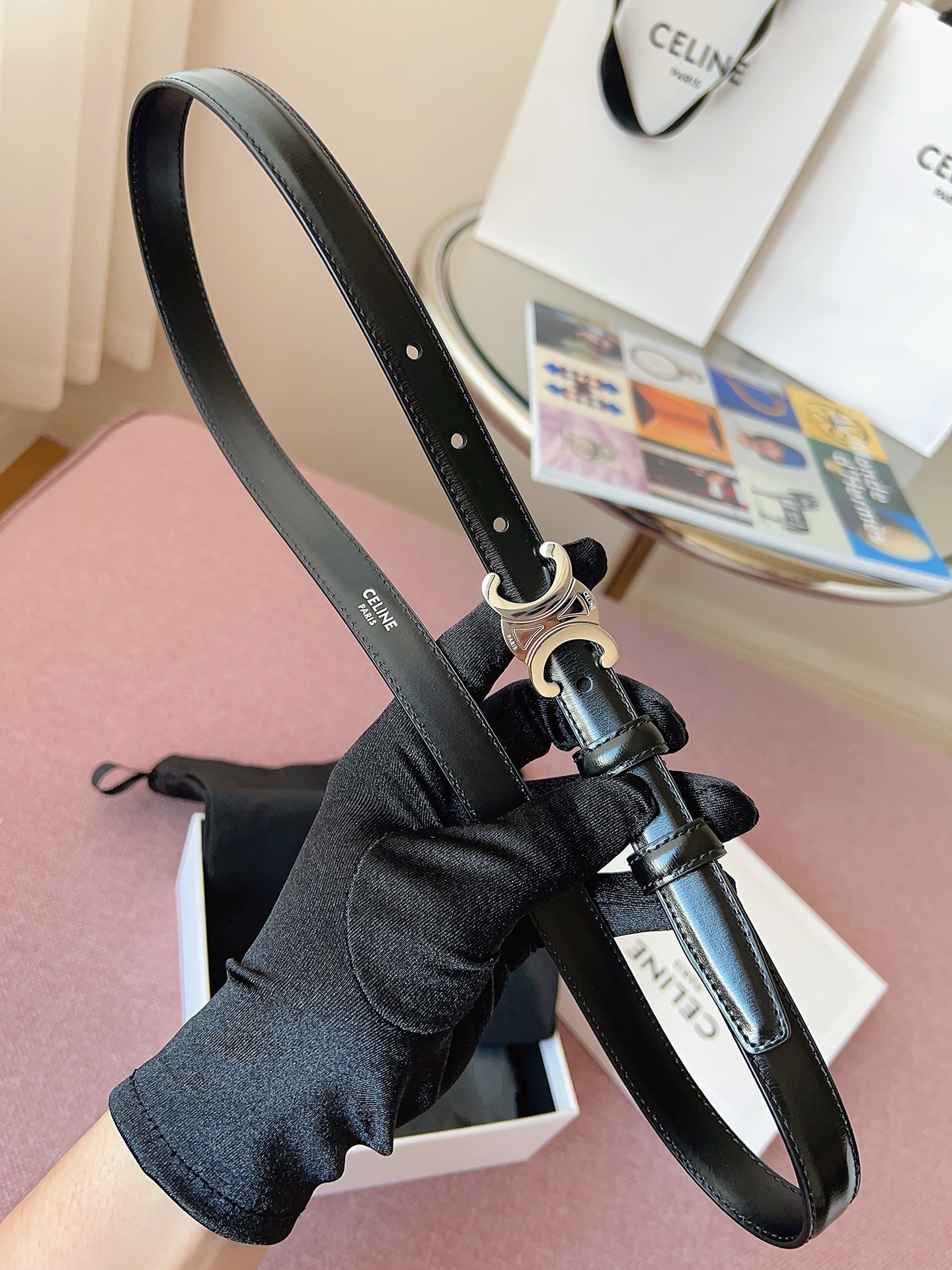 Celine 셀린느 트리오프 금장 버클 블랙 가죽 벨트 3