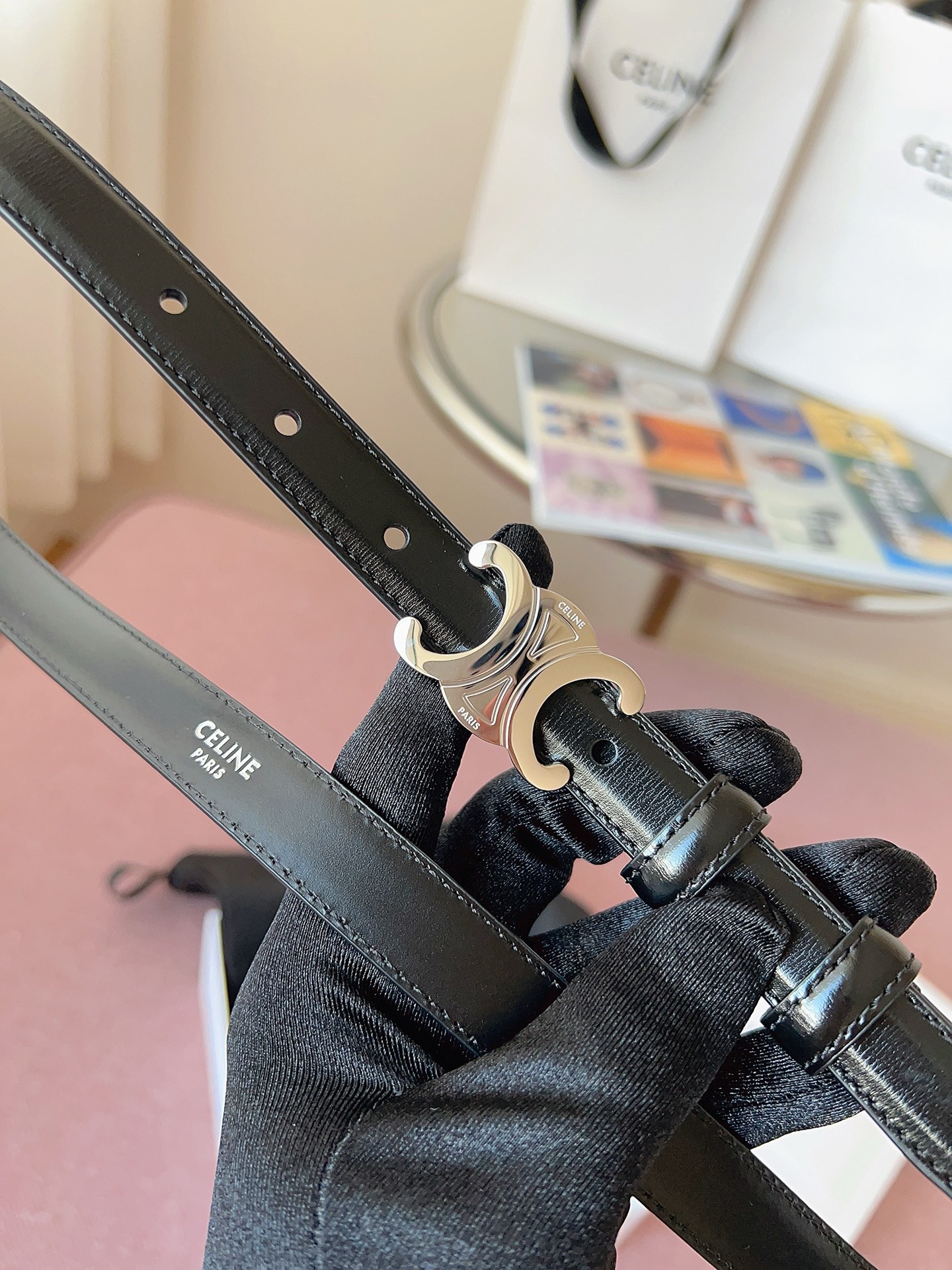 Celine 셀린느 트리오프 금장 버클 블랙 가죽 벨트 4