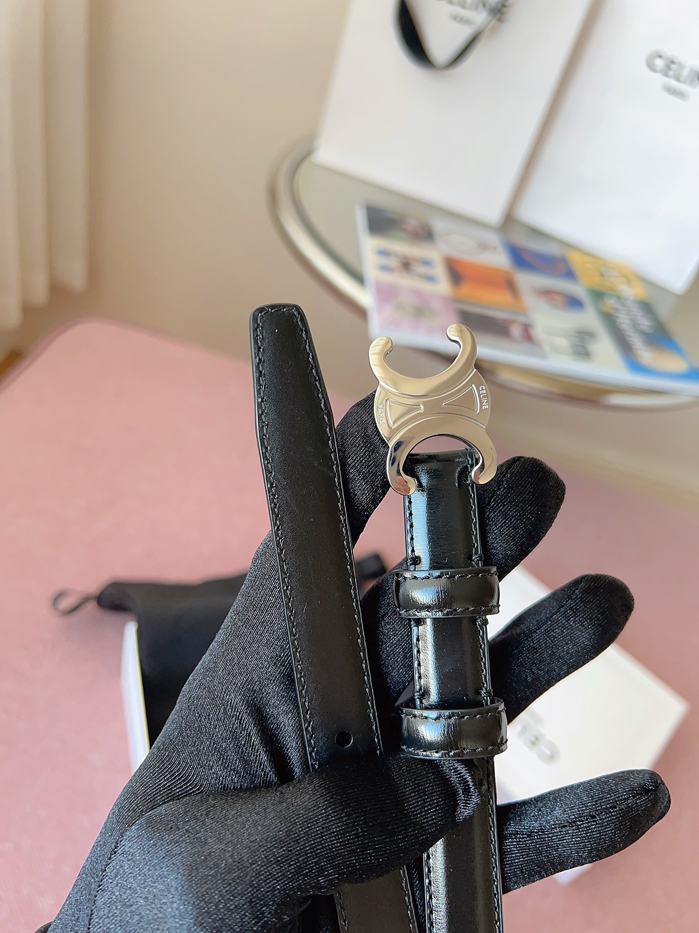 Celine 셀린느 트리오프 금장 버클 블랙 가죽 벨트 5