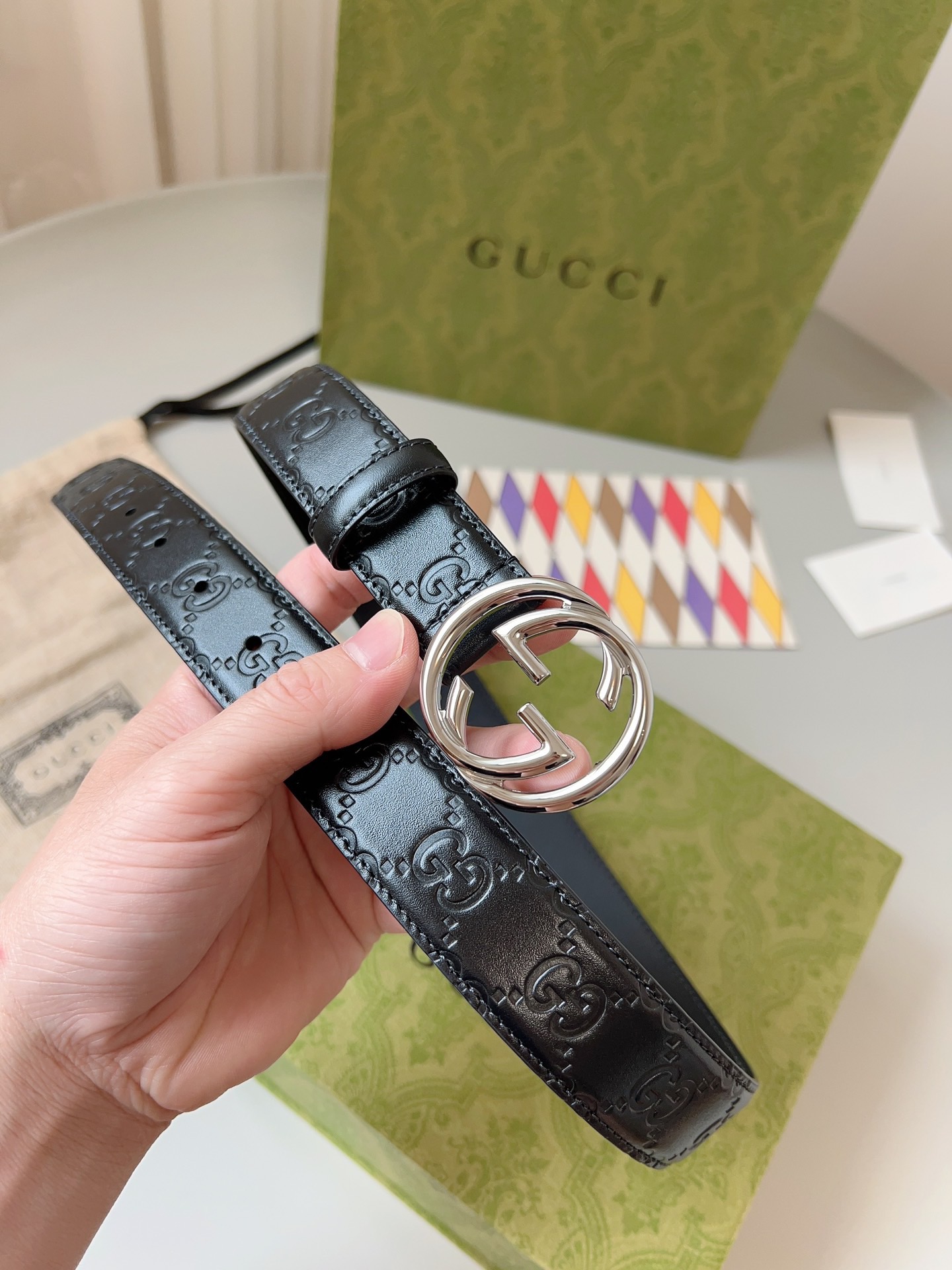 Gucci 구찌 GG 로고 엠보 가죽 벨트 3cm 4