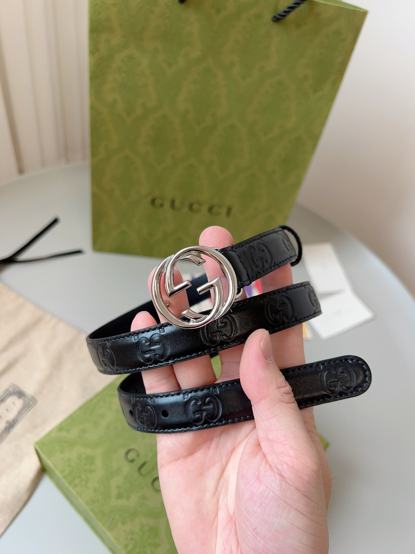 Gucci 구찌 GG 로고 엠보 가죽 벨트 3cm 7